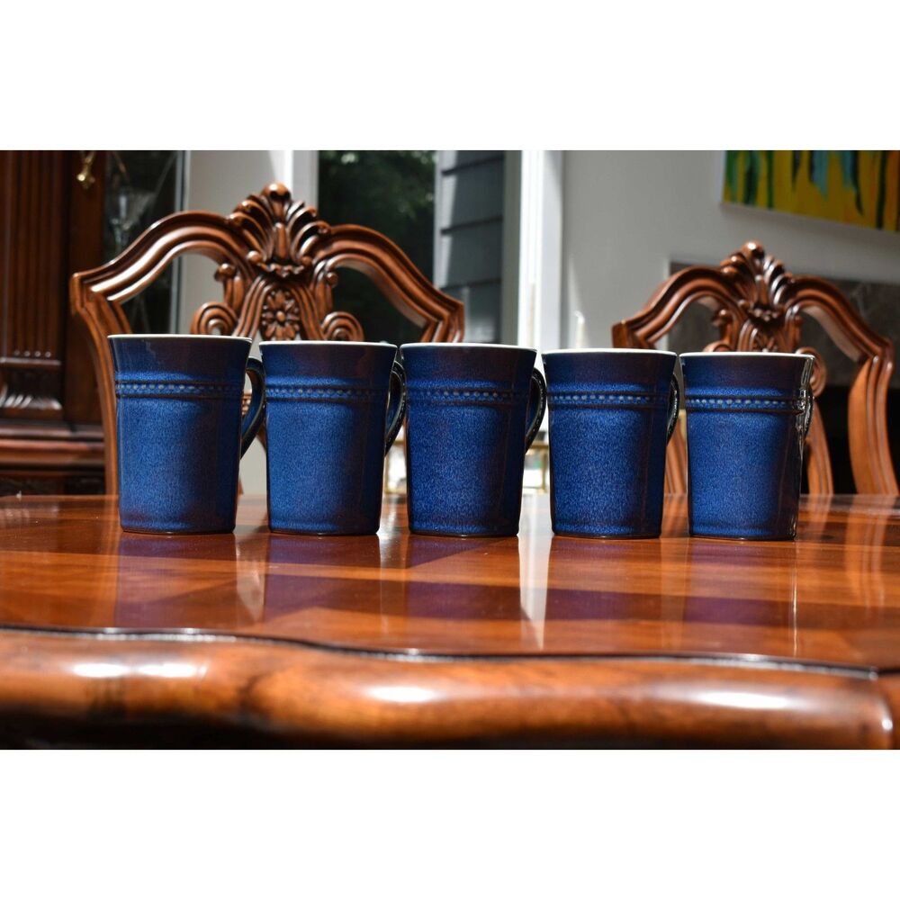 Set of 5 Roscher Stoneware Mugs Cobalt Blue Reactive Glaze Beaded Band En Gres
